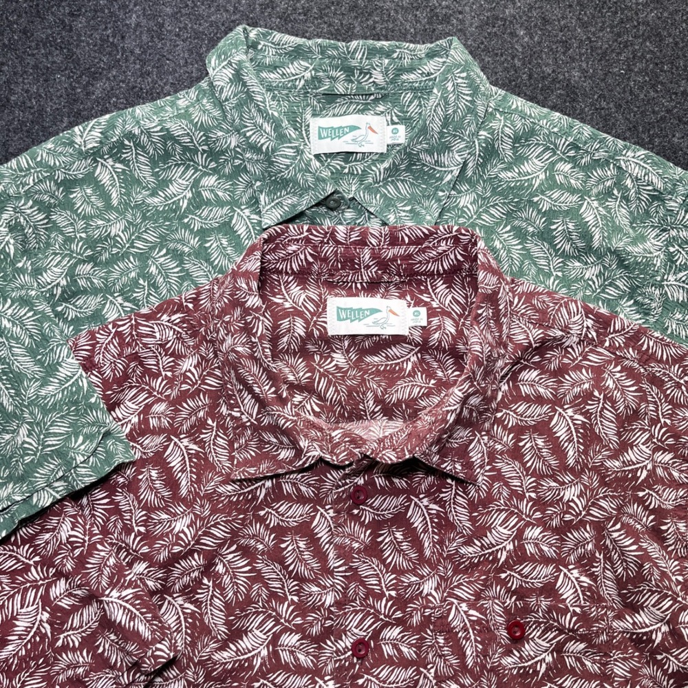Wellen Button Down Shirt Mens XL Green Red Lot of 2 Fern Palm Leaf‎ Print
